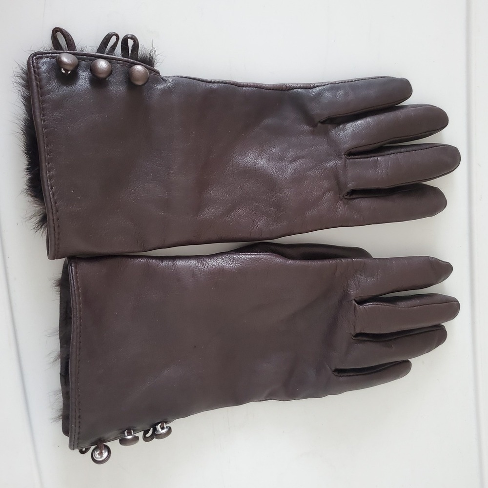 Women's Genuine Leather Gloves Brown Fur Trim & Button Accents Size M Winter